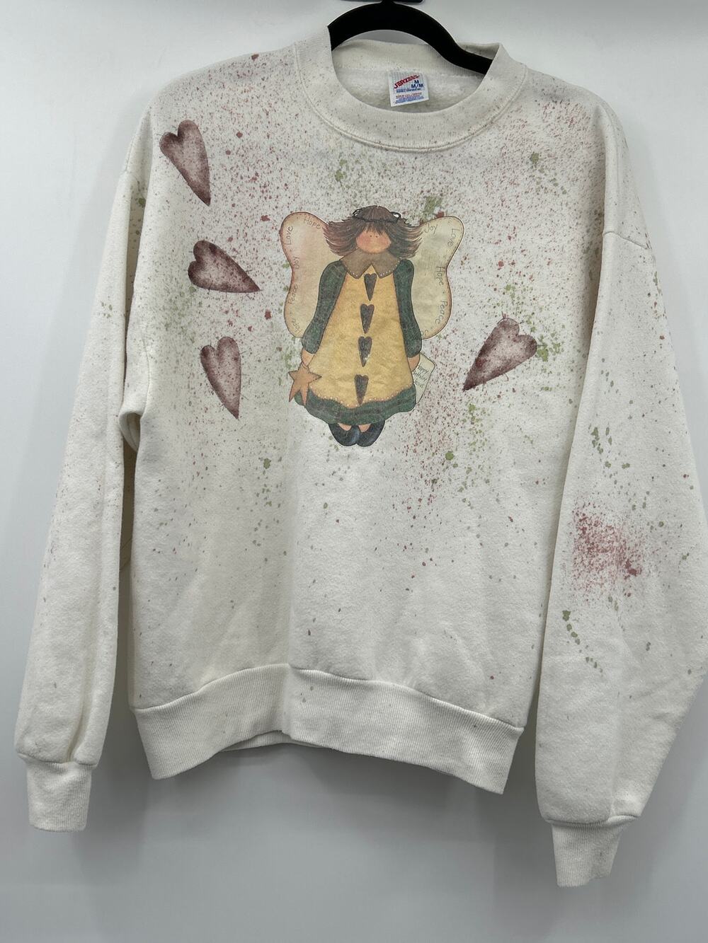 Jerzees Vintage 1990s Sponge Paint Angel Holiday Sweatshirt Size M Grandma Heart